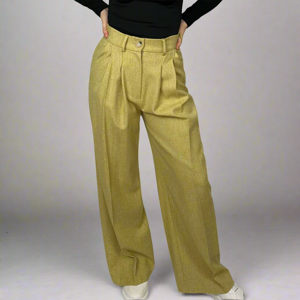 Front view of Sartorial Flair’s Camilla Mustard Wide-Leg Trousers, highlighting the pleated detail and high-waist design in a luxurious mustard wool blend.